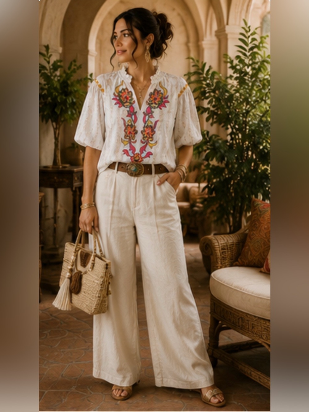 Umgee Embroidered Floral Boho Blouse Medium Puff Sleeve Ruffle Neck Western Top